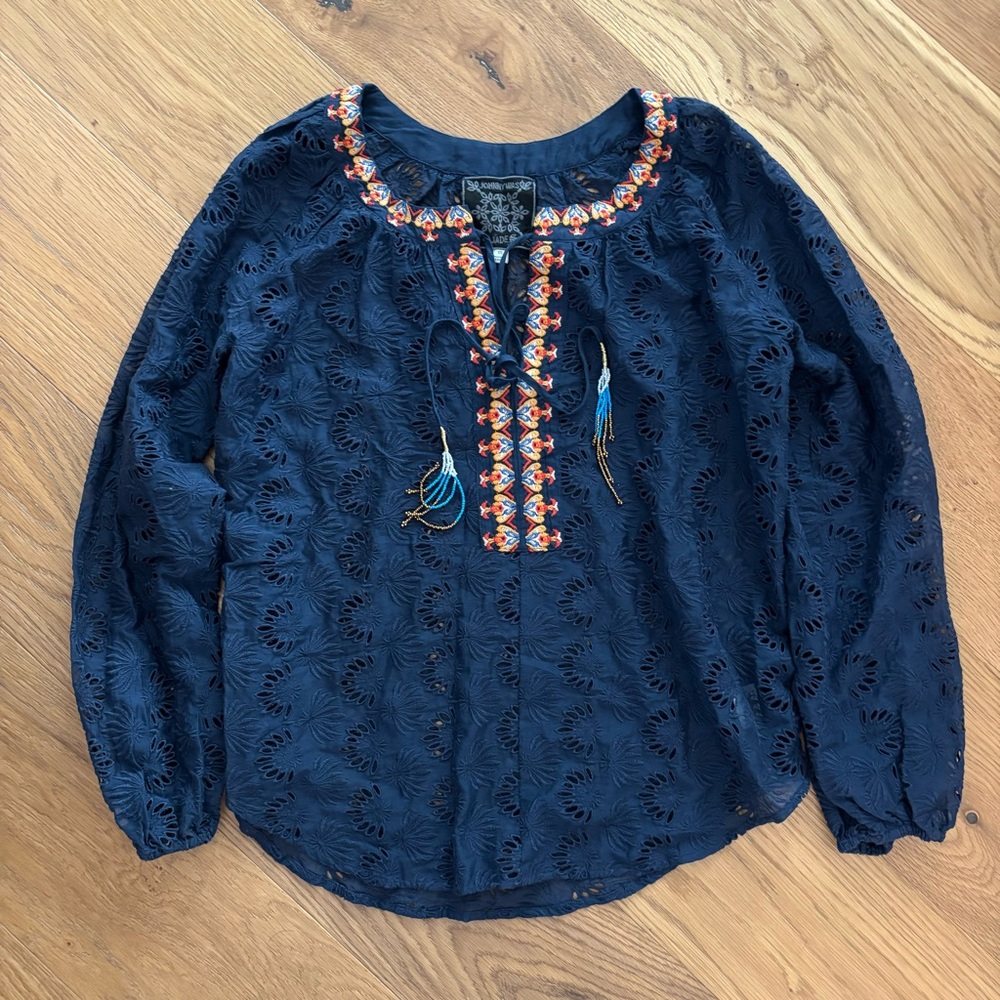 JOHNNY WAS Jade Long Sleeve Embroidered Tassel Tie Eyelet Top WOMEN'S XS